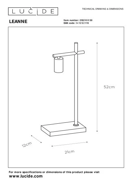 Lucide LEANNE - Lámpara de mesa - 1xE27 - Negro - técnico